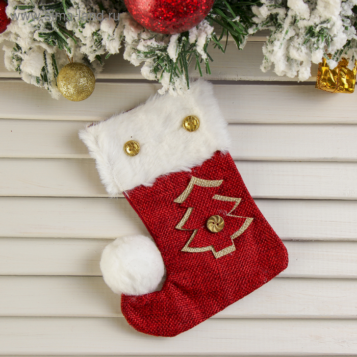 Носок для подарков Помпошка ёлочка, 11х16 см, бело-красный носок для подарков снегопад снеговик 18х26 см бело красный