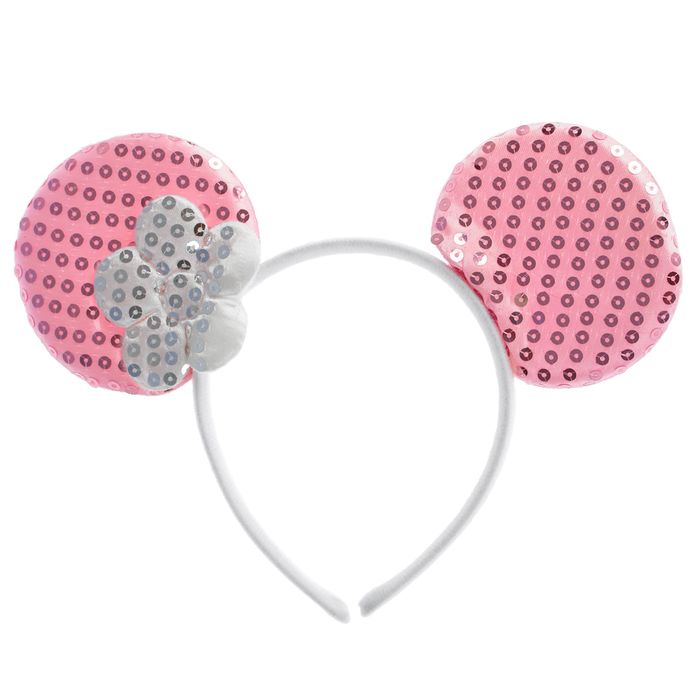 Карнавальный ободок "Ушки", круглые с цветком, цвет розовый с пайетками