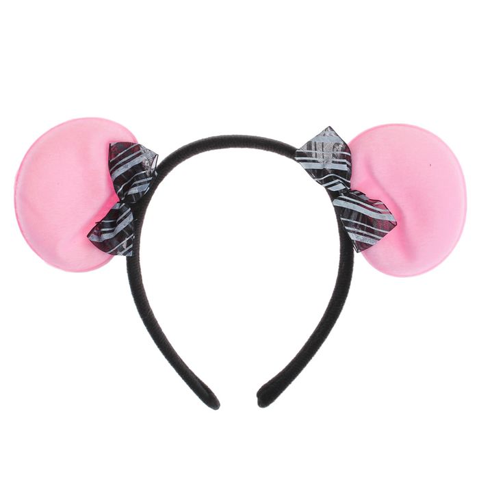 Карнавальный ободок "Ушки", круглые розовые с полосатым бантиком