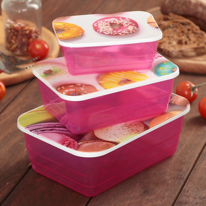 Набор ланч-боксов 3 шт "Пончики" прямоугольных 0,3/0,6/1,1 л 12х9/11х15/14х19 см