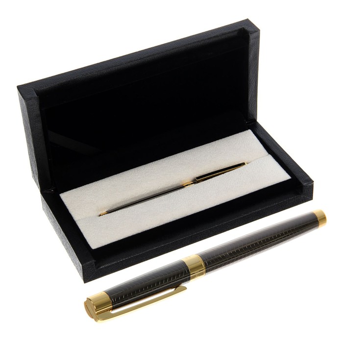 Ручка подарочная перьевая в кожзам футляре Рельеф корпус бронзовый с золотыми вставками