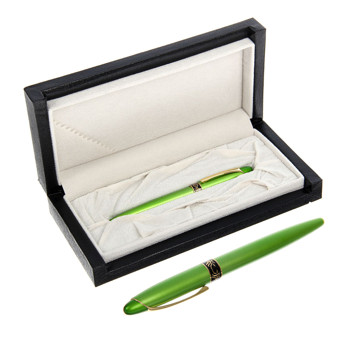 Ручка подарочная перьевая в кожзам футляре Премьера корпус зеленый с золотыми вставками