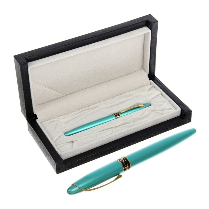 Ручка подарочная перьевая в кожзам футляре Премьера корпус бирюзовый с золотыми вставками