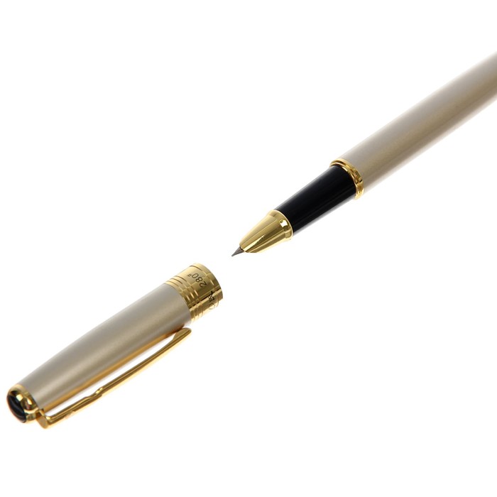 Ручка подарочная перьевая в кожзам футляре Люксор корпус золотистый с золотыми вставками