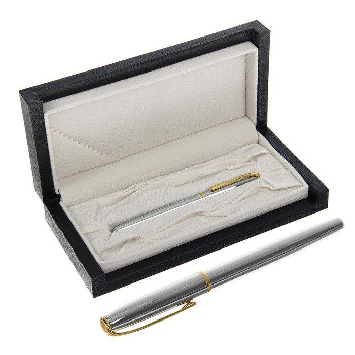 Ручка подарочная шариковая в кожзам футляре Проект корпус серебристый с золотыми вставками