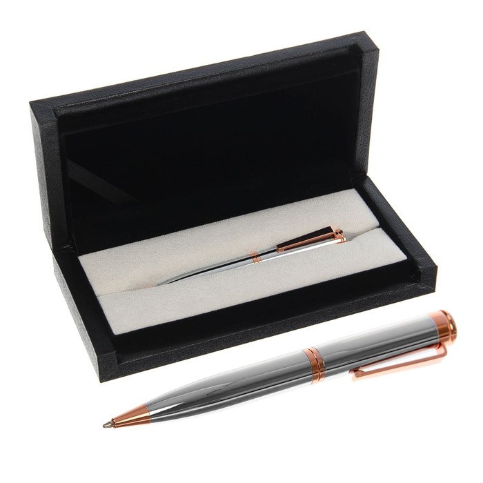 Ручка подарочная шариковая в кожзам футляре поворотная Эксперт корпус серебро с золотом