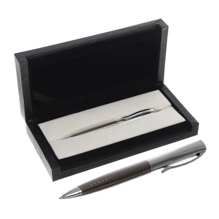 Ручка подарочная шариковая в кожзам футляре поворотная Рельеф корпус серебристо-бронзовый