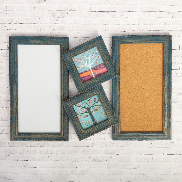 Фоторамка на 2 фото 10х10 см с доской для рисования и для записок "Синяя патина" 34х52,5 см 252931