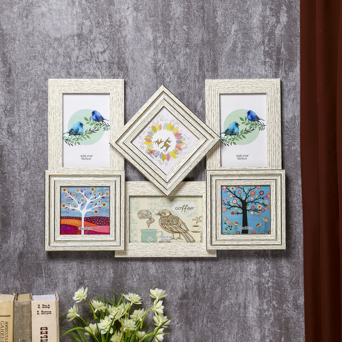 Фоторамка на 6 фото 10х10, 10х15 см "Белая с прожилками" 32х45,5 см