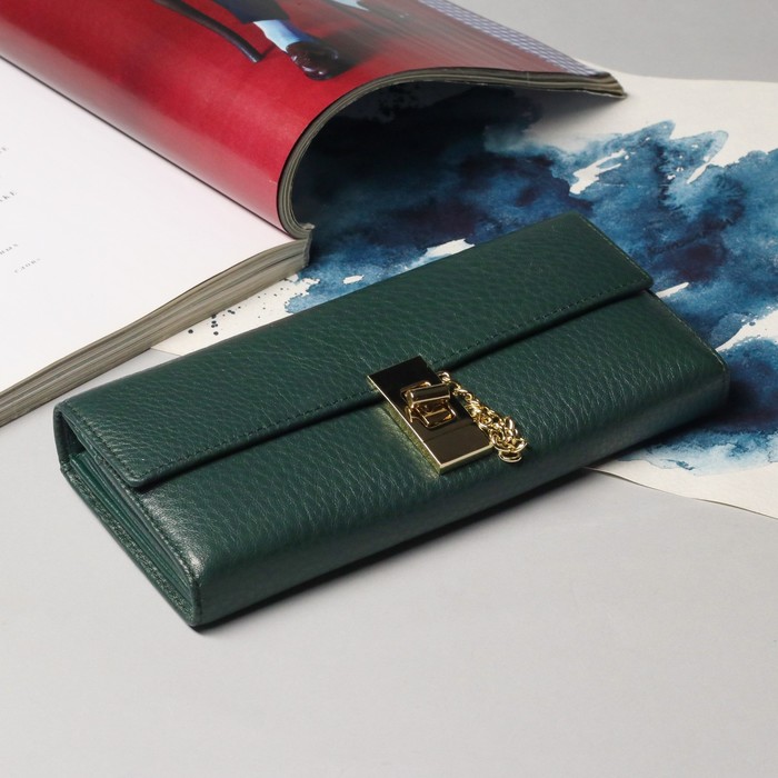 Кошелёк женский, 5 отделов, для карт, монет, наружный карман, цвет тёмно-зелёный