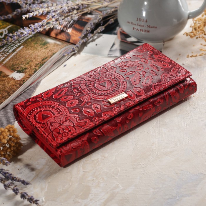 Кошелёк женский, 5 отделов, для карт, для монет, наружный карман, цвет красный