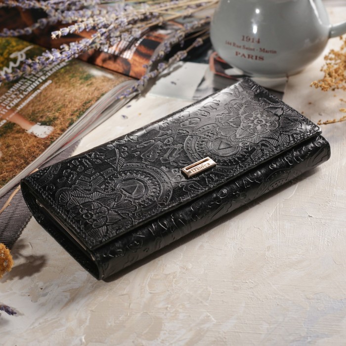 Кошелёк женский, 5 отделов, для карт, для монет, наружный карман, цвет чёрный