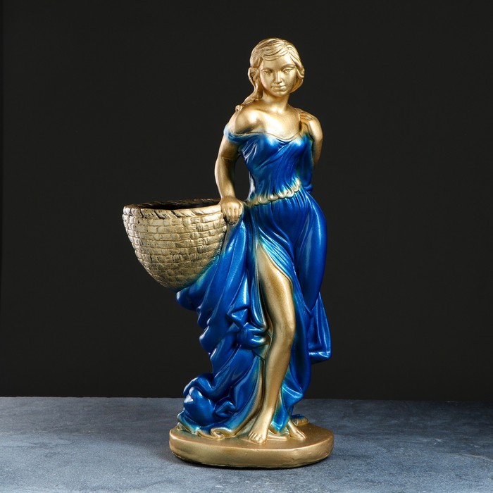 Фигурное кашпо "Девушка с корзиной" бронза/синий 64 см