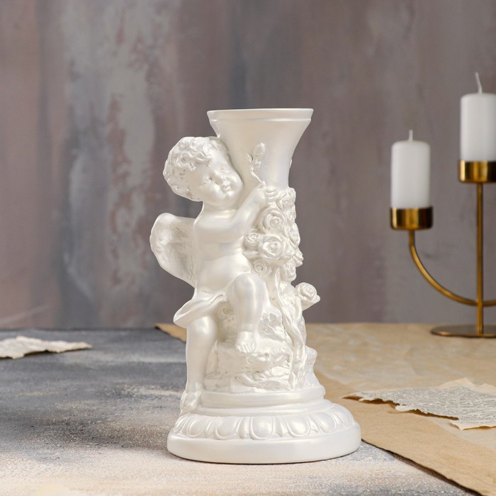 Статуэтка "Ангел с подсвечником" средний, перламутровый