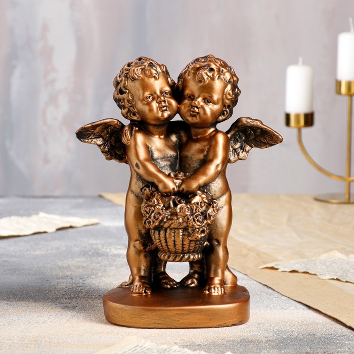 Статуэтка "Пара ангелов с корзиной цветов", бронзовый цвет, 25 см