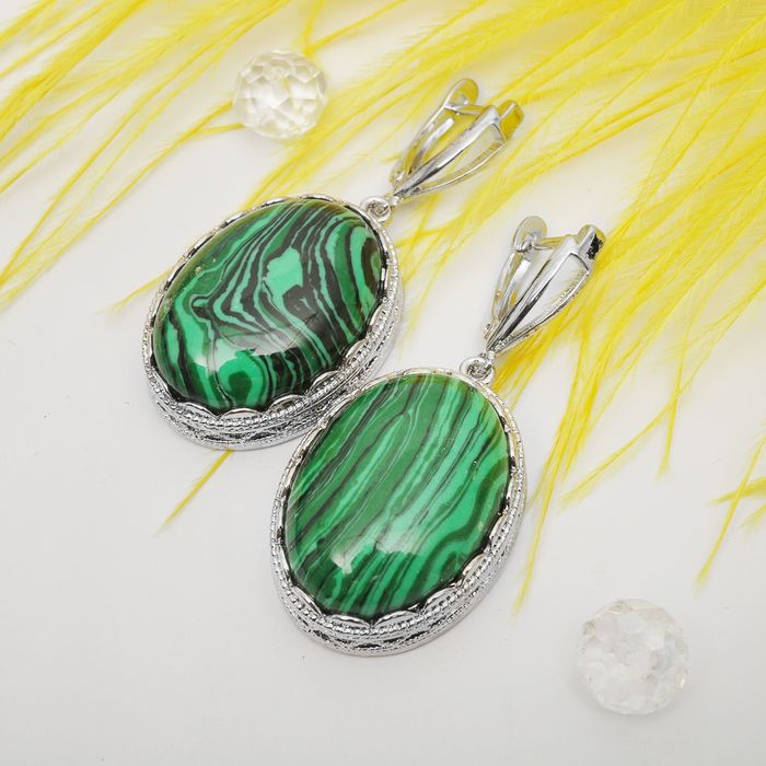 Серьги ажур "Малахит" в серебре, овал