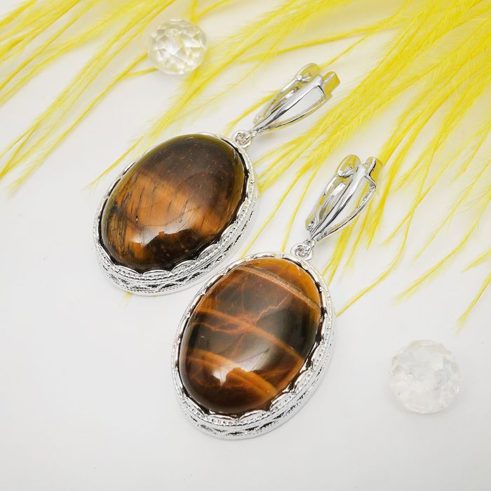 Серьги ажур "Тигровый глаз" в серебре, овал