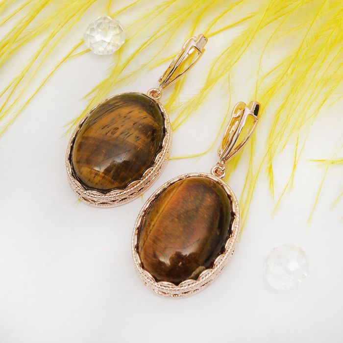 Серьги ажур "Тигровый глаз" в золоте, овал