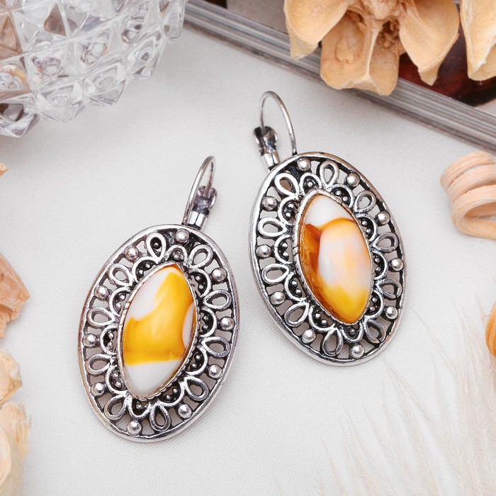 Серьги восток, эллипс в металлической оправе "Янтарь"