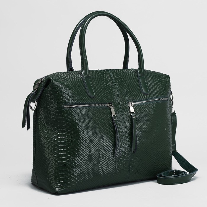 Сумка женская на молнии, 1 отдел, 3 наружных кармана, длинный ремень, цвет зелёный