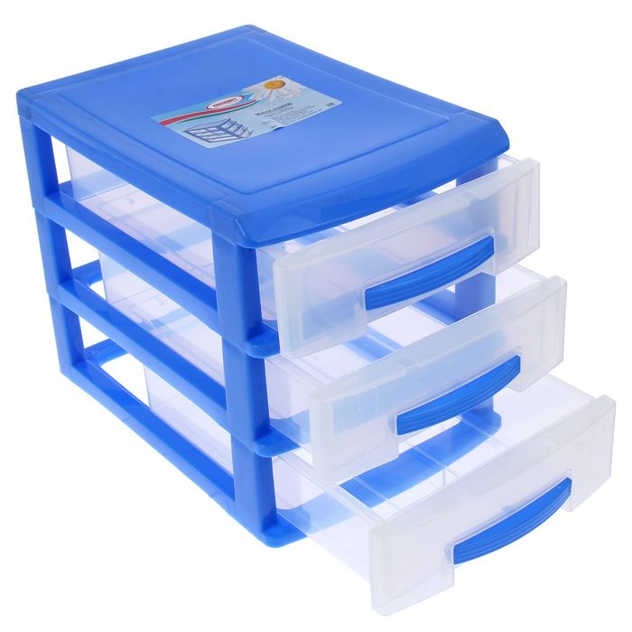 Мини комод 3 секции, цвет темно голубой/прозрачный