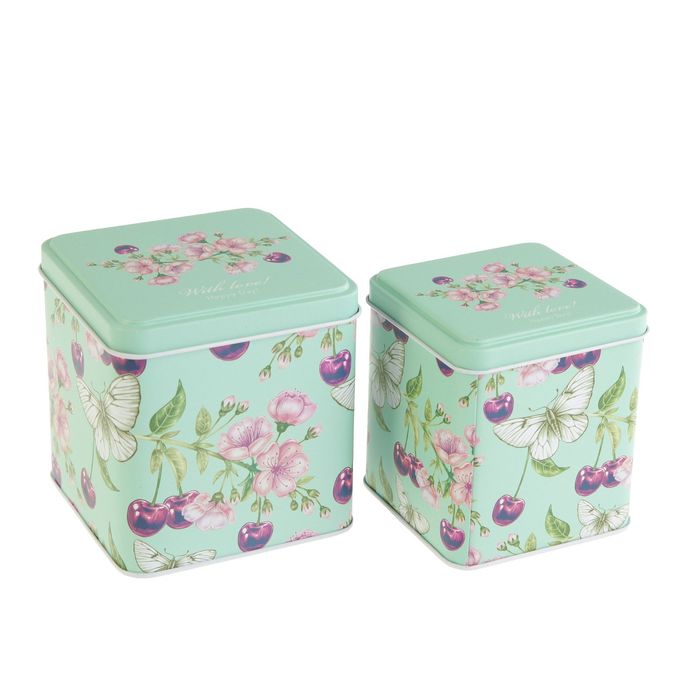 Шкатулка металл "Бабочка и вишня" набор 2 шт 11х10,5х10,5 10х9х9 см