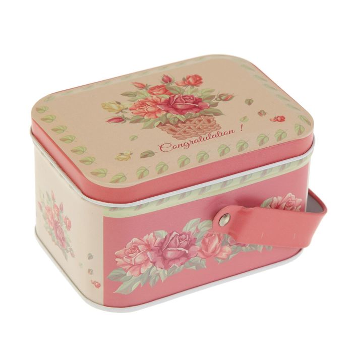 Шкатулка металл с ручкой "Розы в корзине" 6,5х10,5х8 см