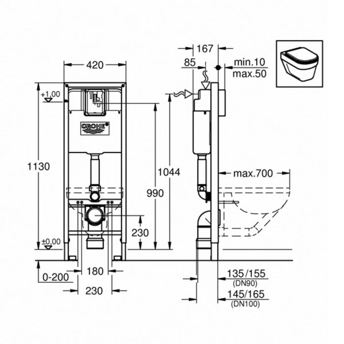 Инсталляция GROHE Rapid SL для подвесного унитаза,1,13 м, ширина 0,42 м