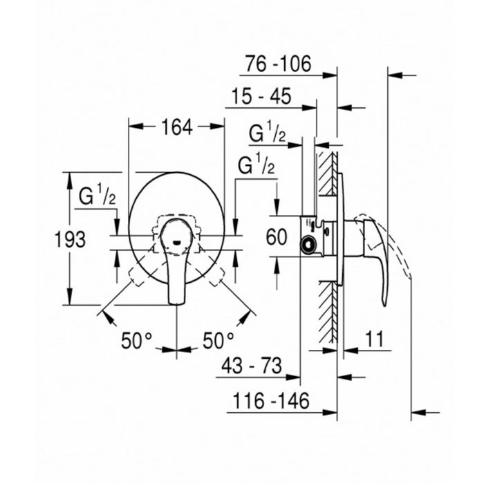 Смеситель для душа GROHE Eurosmart 2015, встраиваемый, включает встроенный механизм