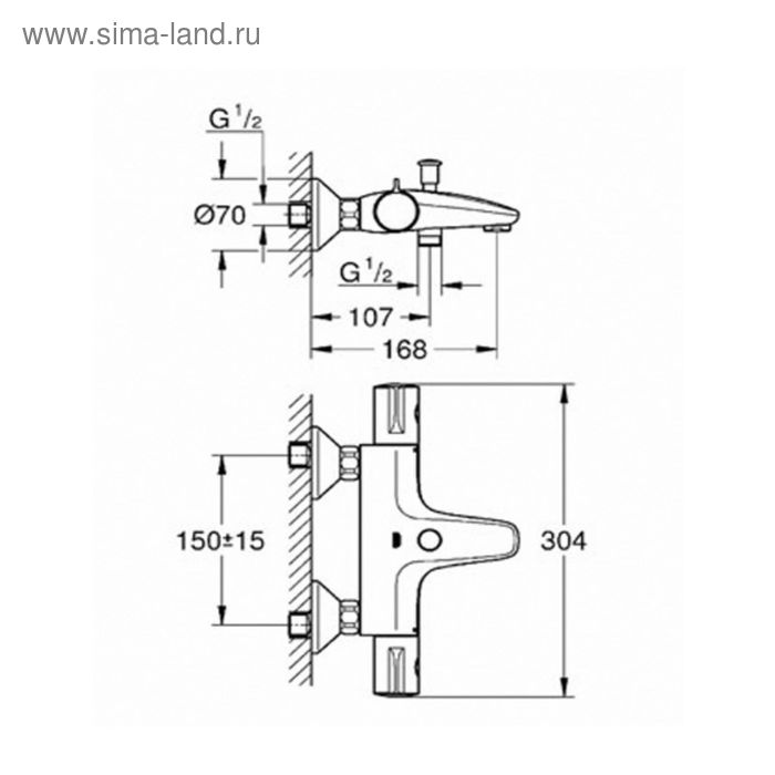 

Термостат для ванны GROHE Grohtherm 800, 1/2", двухвентильный, настенный монтаж