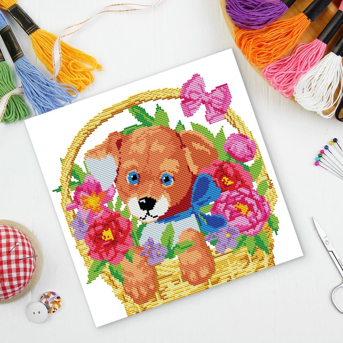 Вышивка крестиком "Щенок в корзинке", 35 х 35 см