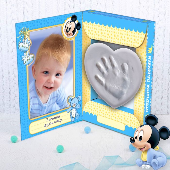 Слепок ручки в шкатулке "Мой первый отпечаток" Микки Маус + масса, двусторонний скотч, шкатулка 20