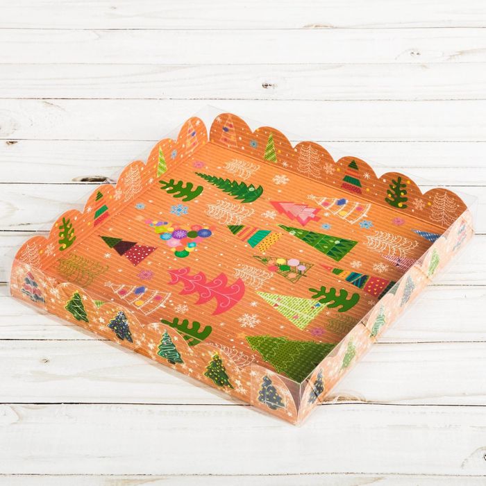 Коробка для кондитерских изделий с PVC крышкой «Глазированные ёлочки», 21 х 21 х 3 см