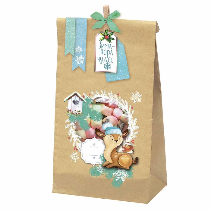 Пакет подарочный без ручек с декором «Пора чудес», 15 × 28 см
