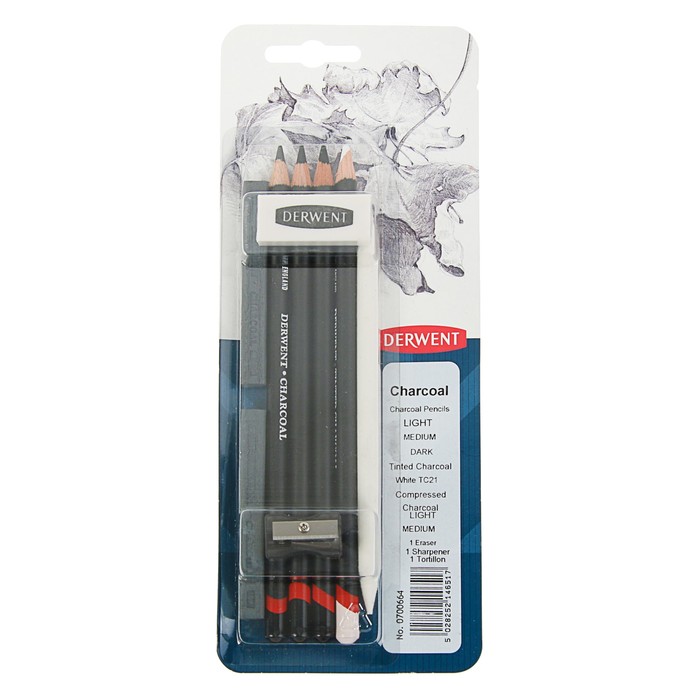Уголь натуральный в карандаше Derwent Charcoal набор 9шт: 4каранд+2бл.угл+ласт+точ+растуш