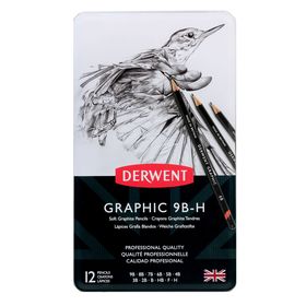 

Набор карандашей чернографитных разной твердости Derwent Graphic Soft 12 штук, 9B-H, в металлическом пенале