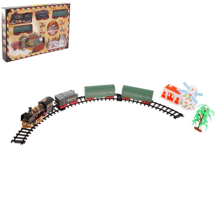 Железная дорога "Классический поезд", паровоз и 3 вагона и мельница, свет и звук