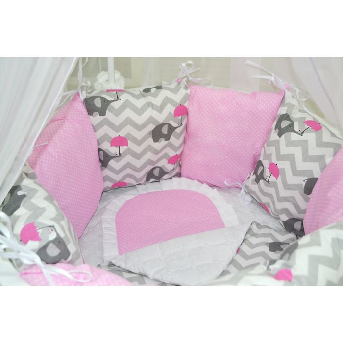 Комплект 19 предметов для круглой кроватки "Слонёнок", цвет розовый