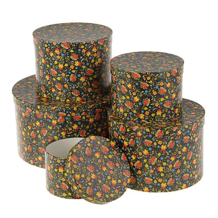 Набор коробок 5в1 "Цветы на черном", 30 х 30 х 17 - 15 х 15 х 10 см