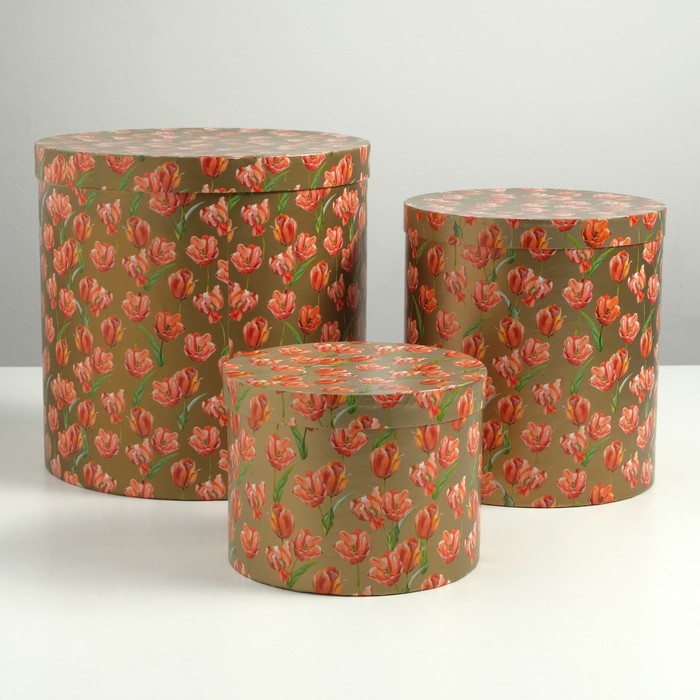 Набор коробок 3в1 "Тюльпаны на золотом" 30 х 30 х 30 - 20 х 20 х 15 см