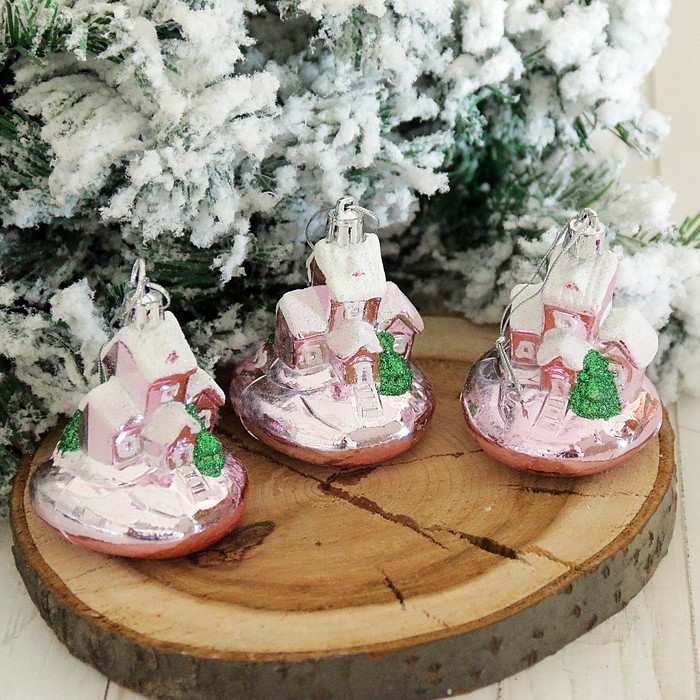 Набор украшений пластик 6,5*5,5 см домик с елочкой розовый