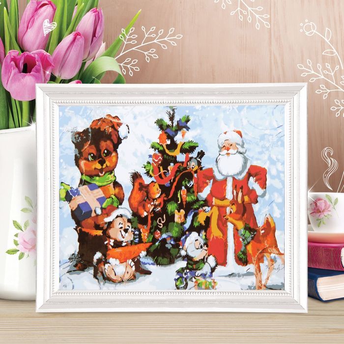 Роспись по холсту "Дед Мороз и звери" по номерам: краски по 3 мл + кисти + крепёж