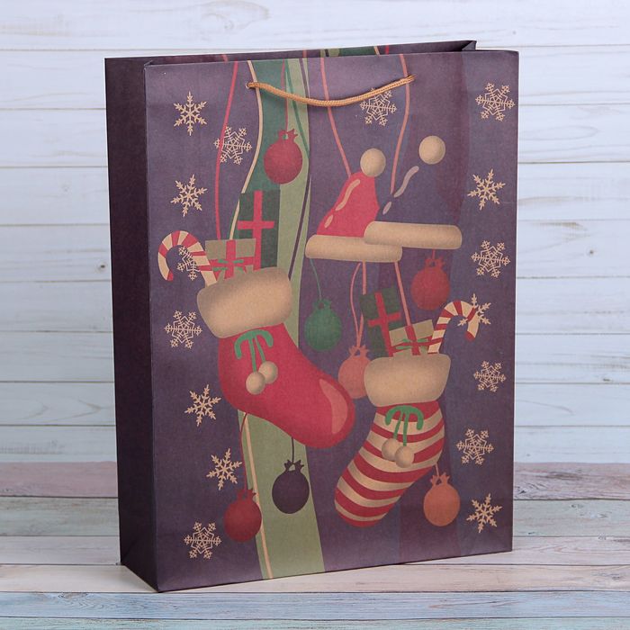 Пакет крафт "Новогодние подарки", 31,5 х 9,5 х 41,5 см