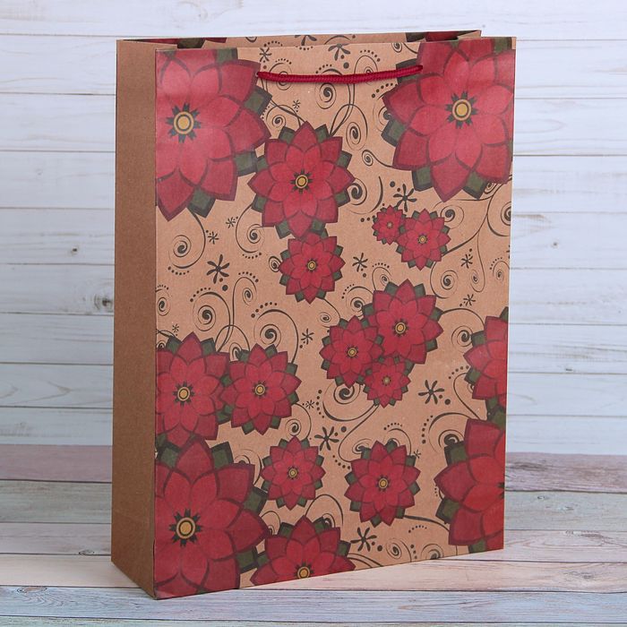Пакет крафт "Красные цветы", 31,5 х 9,5 х 41,5 см