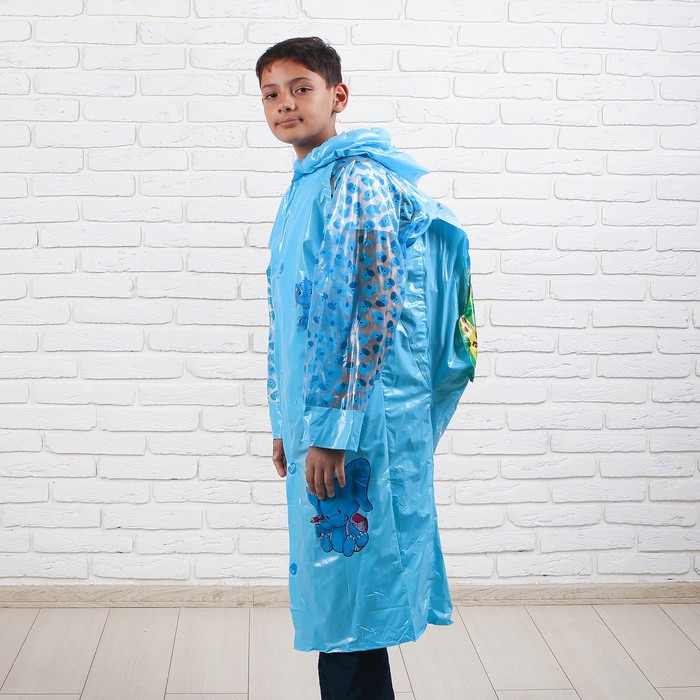 Дождевик детский "Слоник на полянке", надувной капюшон, карман под рюкзак, рост 140-150