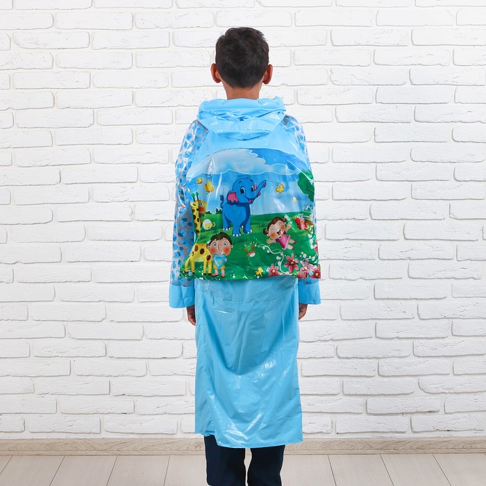 Дождевик детский "Слоник на полянке", надувной капюшон, карман под рюкзак, рост 140-150