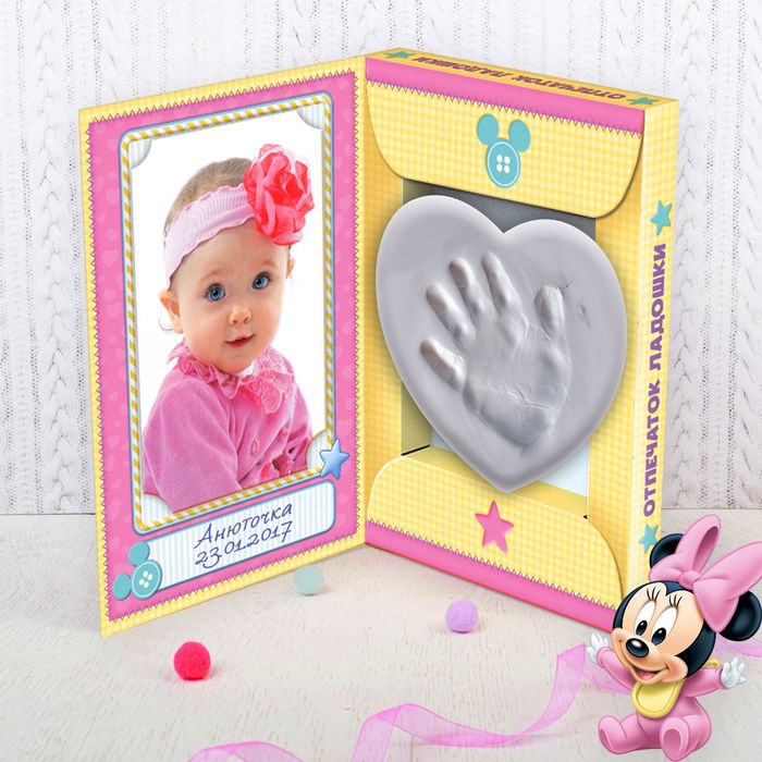 Слепок ручки в шкатулке "Мой первый отпечаток" Минни Маус + масса, двусторон скотч, шкатул