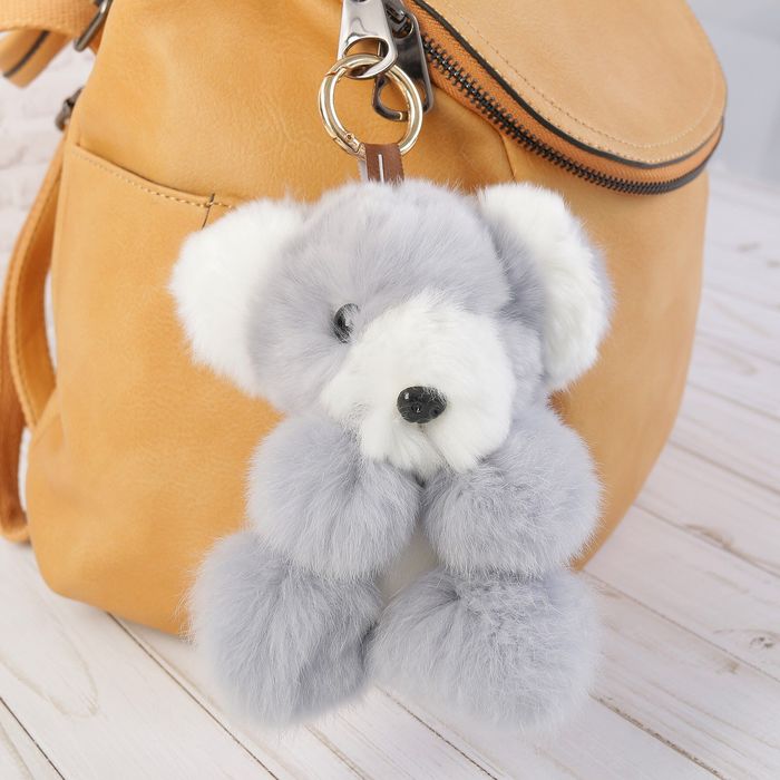 Пушистик на кольце "Светло-серый медвежонок с белыми ушками" 17 см