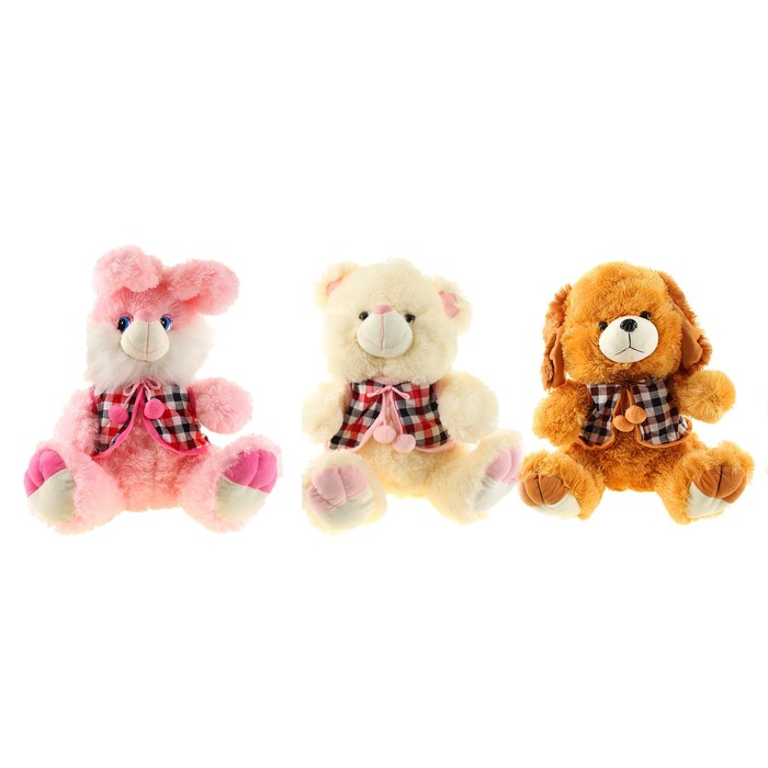 Мягкая игрушка "Зоопарк" клетчатая накидка с помпошками, цвета МИКС