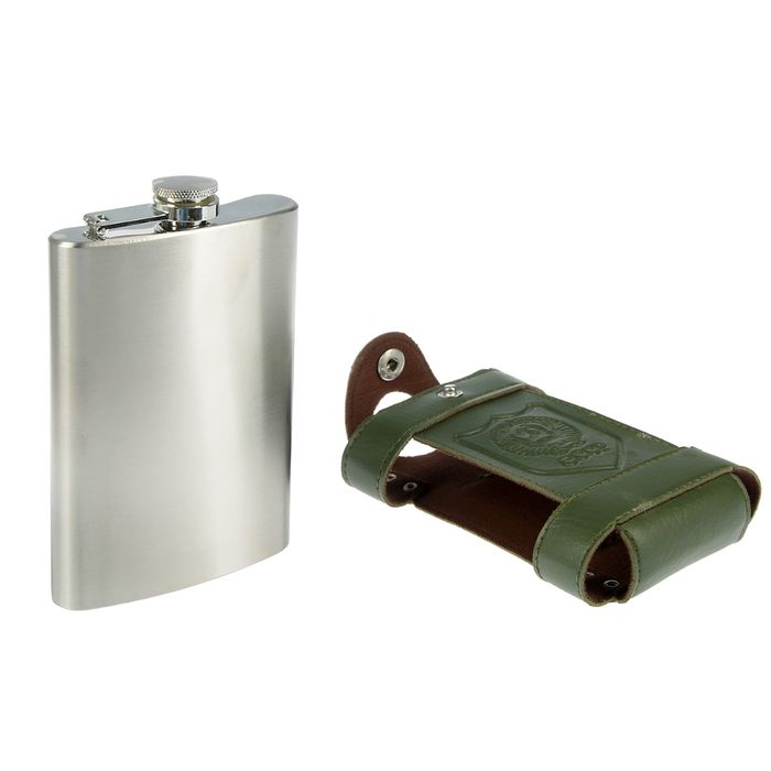Фляжка 270 мл, в зелёном чехле на клёпке с гербом СССР, металл, хромированная, 10х15 см